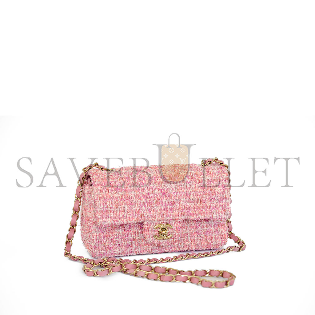 Ch*el tweed quilted flap pink gold hardware (25.5*15.5*6.5cm)